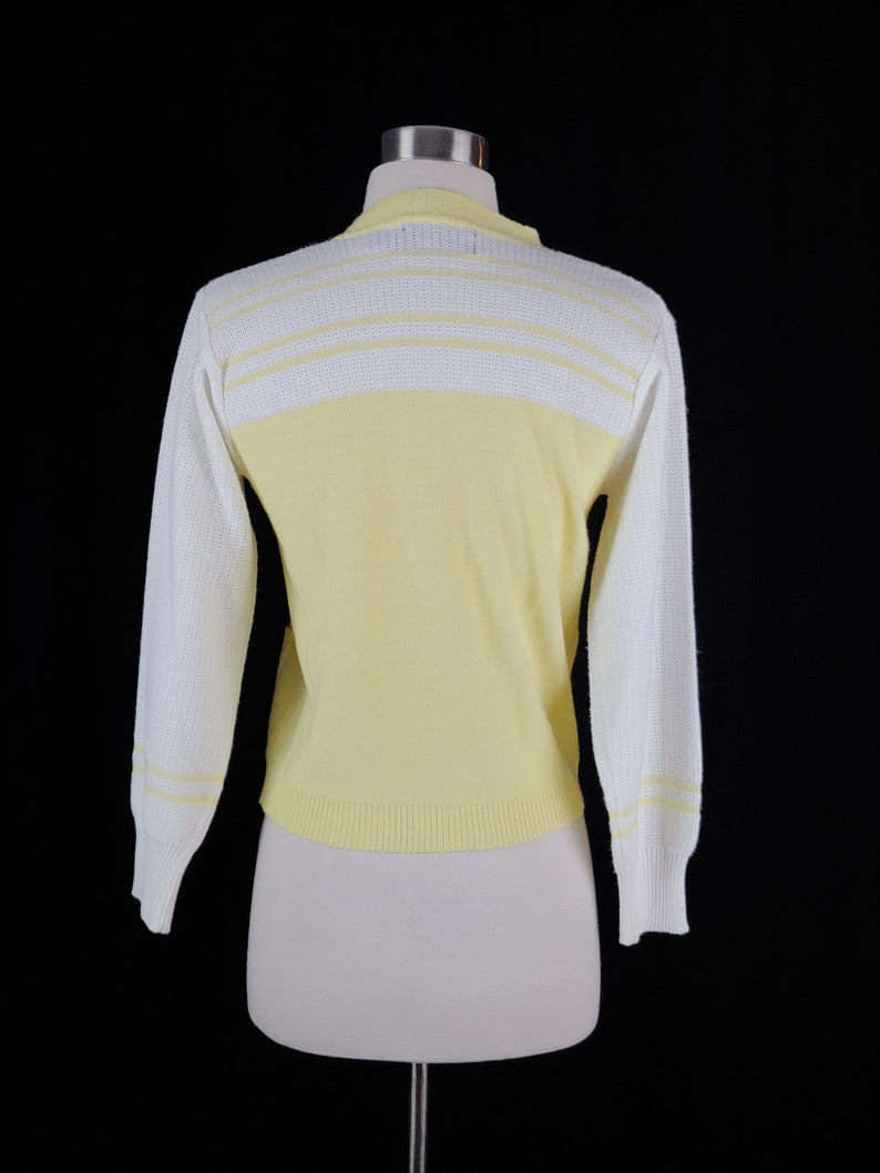 Vintage Seventies Yellow and White Cardigan Sweater 70s Acrylic Knit Small Women's Button Front Cardigan image 6