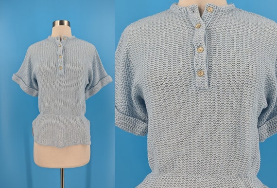 Haut vintage annees 70 en tricot acrylique a manches courtes et demi boutonne a basque pull en tricot Henley des annees 70 petit moyen Etsy France