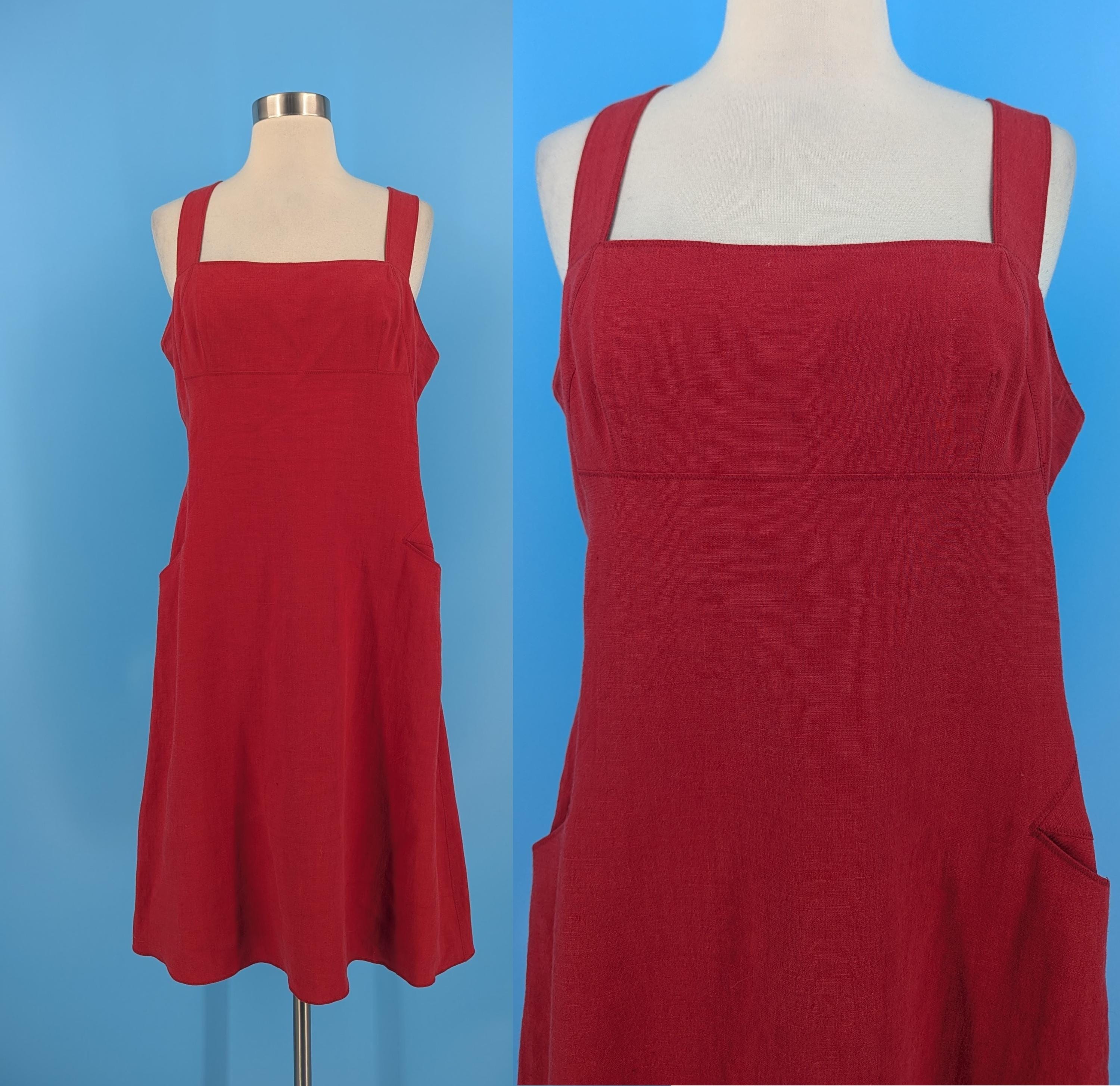 Vintage 90s Magaschoni Collection 10 Medium Red Linen Square Neckline Empire Waist Dress