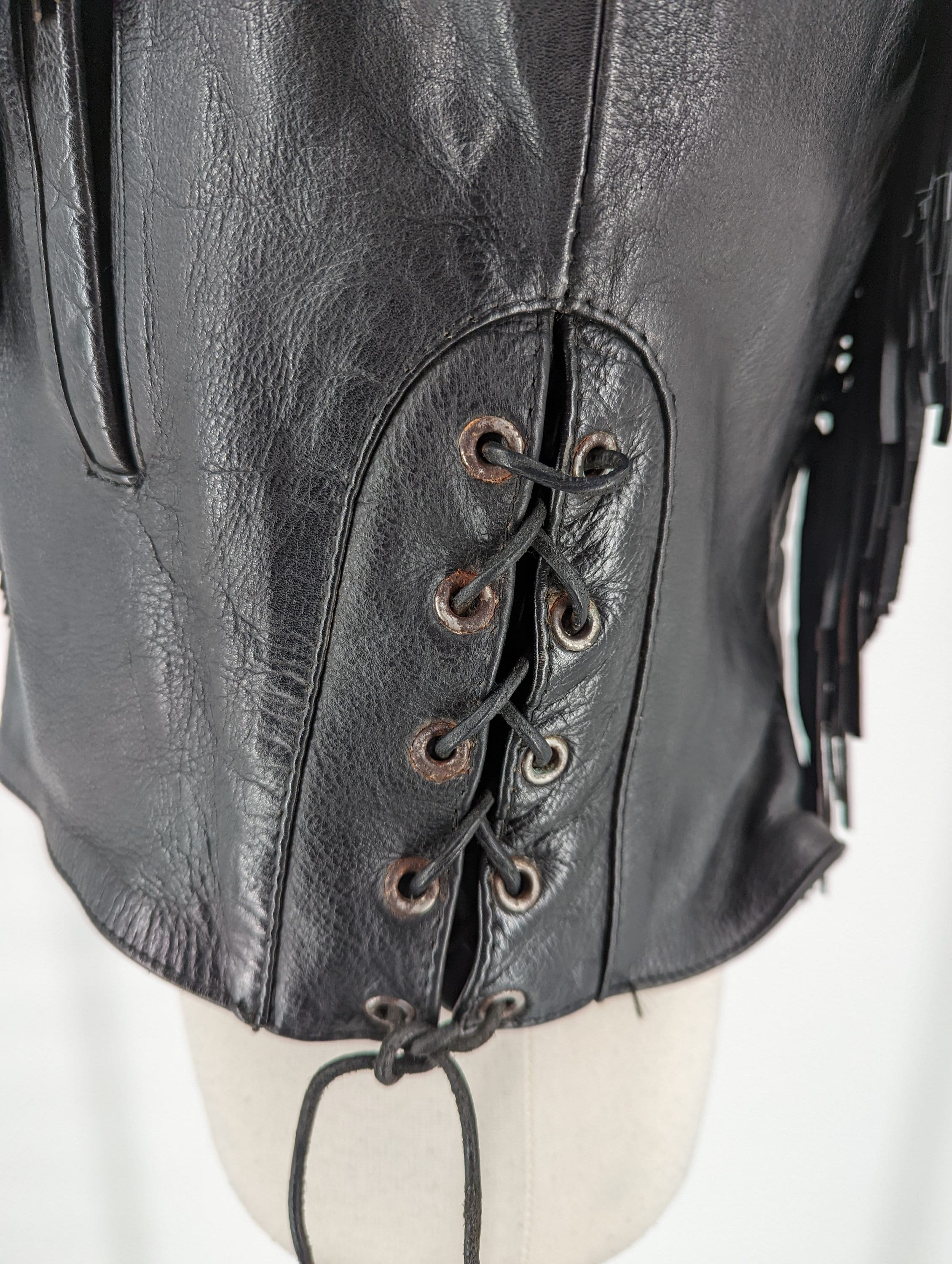 Vintage 80s Unik Women's Black Leather Fringe Zip up