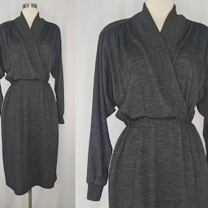 vintage Eighties Gray Knit St Gillian Kay Unger Robe à manches longues 80s Medium Faux Wrap Dress image 1