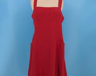 Vintage 90s Magaschoni Collection 10 Medium Red Linen Square Neckline Empire Waist Dress