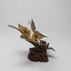 Vintage Seventies Torch Cut Brass Copper Wood Butterfly Fallen Leaves Brutalist 70s Small Sculpture image 7