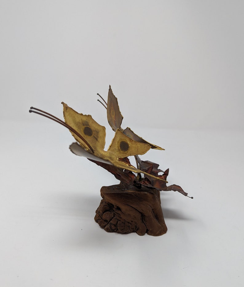 Vintage Seventies Torch Cut Brass Copper Wood Butterfly Fallen Leaves Brutalist 70s Small Sculpture image 7