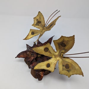 Vintage Seventies Torch Cut Brass Copper Wood Butterfly Fallen Leaves Brutalist 70s Small Sculpture image 3