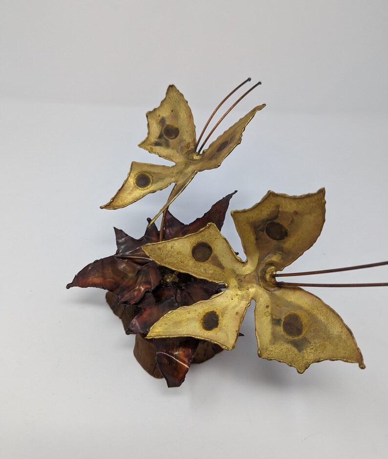 Vintage Seventies Torch Cut Brass Copper Wood Butterfly Fallen Leaves Brutalist 70s Small Sculpture image 3