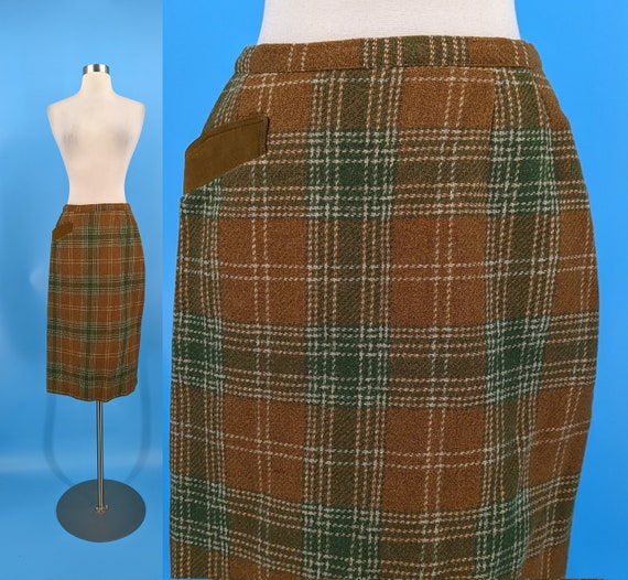 Vintage 50s XS Brown and Green Wool Plaid Pencil … - image 1