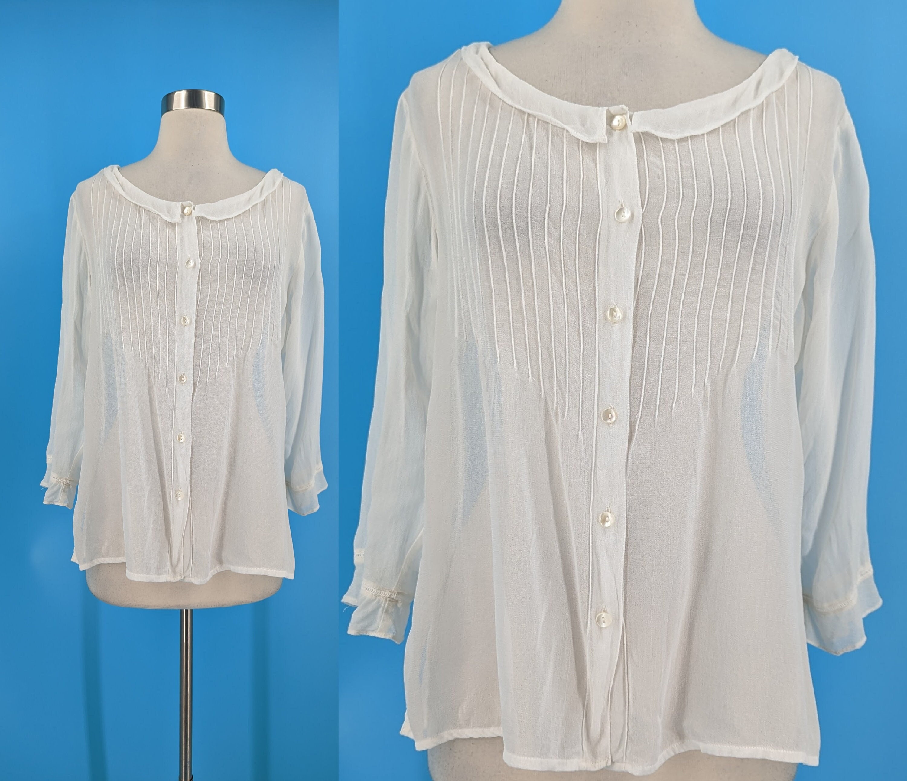 Vintage 90s April Cornell Medium White Sheer Pintuck 3/4 Sleeve Button Up Blouse 