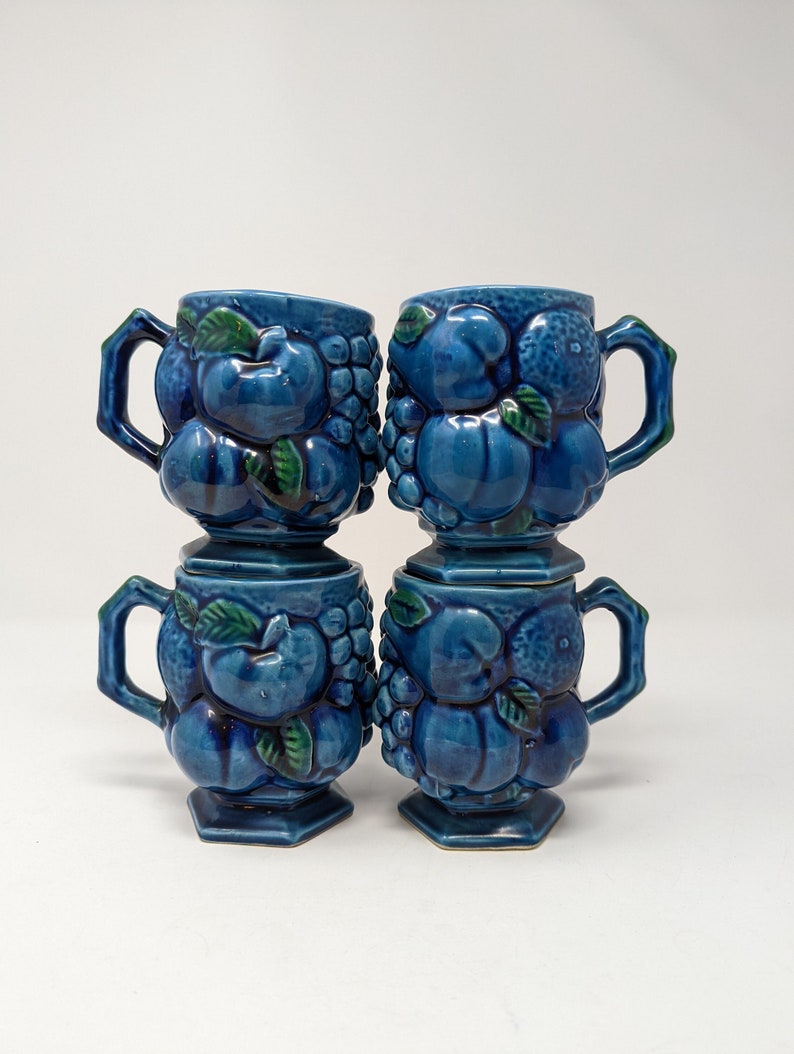 Vintage 60s Inarco Japan Blue Fruit Bowl Set of Four Mugs image 1