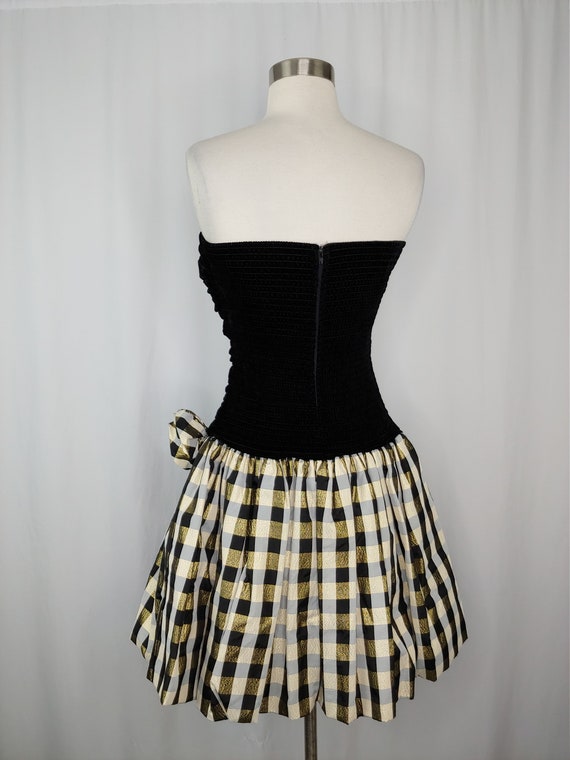 Vintage 90s XS Black Velvet Strapless Gold Plaid … - image 4