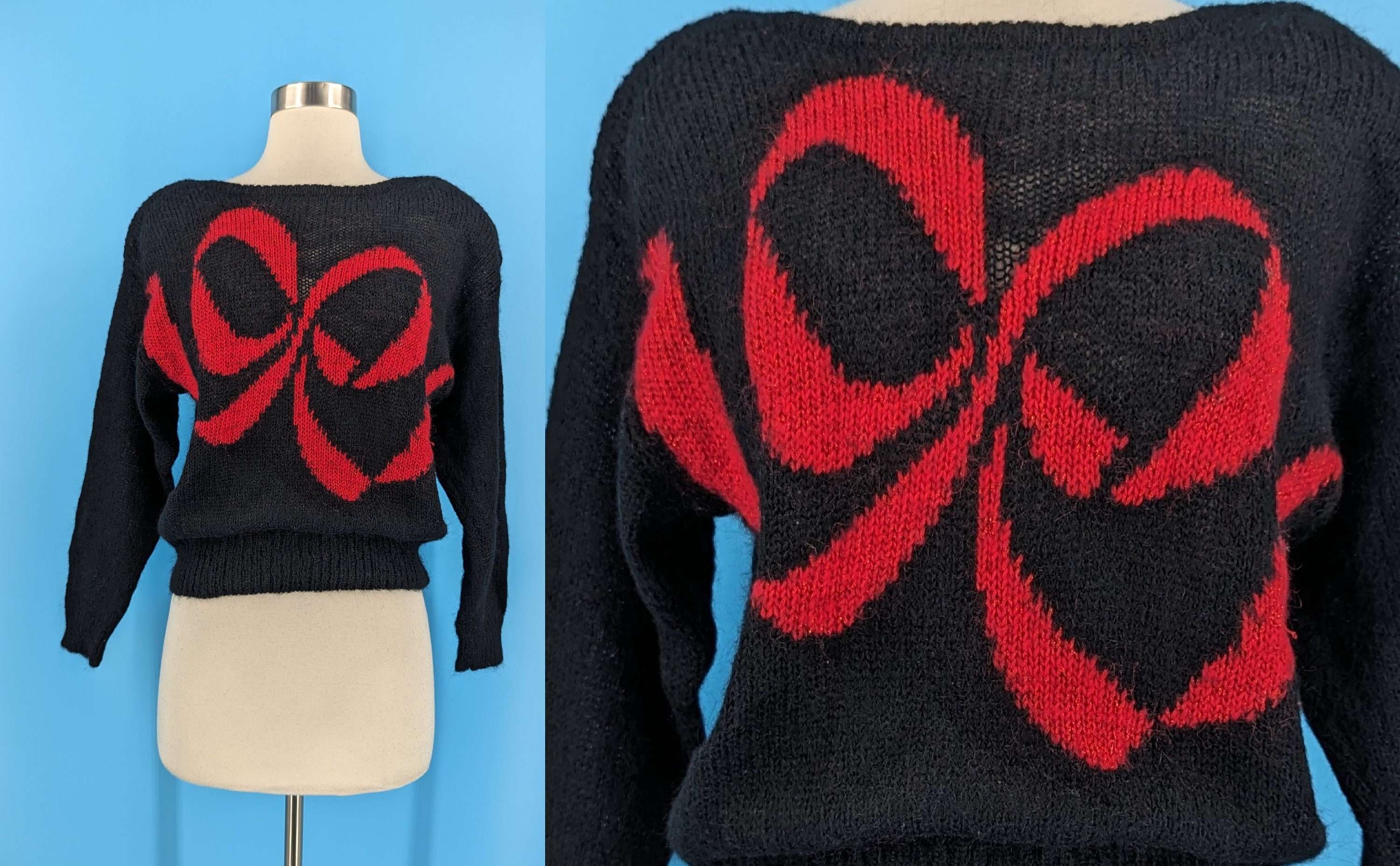 Vintage Eighties Small Black Knit Mohair Blend Bow Design Vintage Eighties Small Black Knit Mohair Blend Bow Design