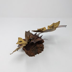 Vintage Seventies Torch Cut Brass Copper Wood Butterfly Fallen Leaves Brutalist 70s Small Sculpture image 4