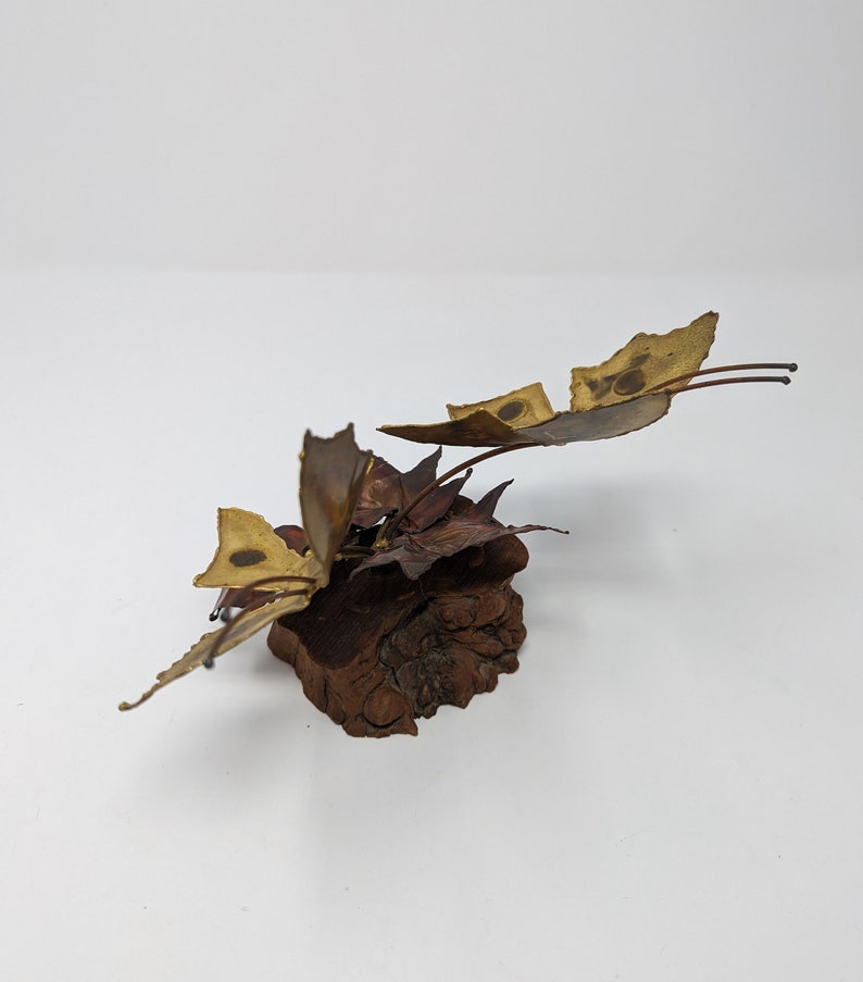 Vintage Seventies Torch Cut Brass Copper Wood Butterfly Fallen Leaves Brutalist 70s Small Sculpture image 4