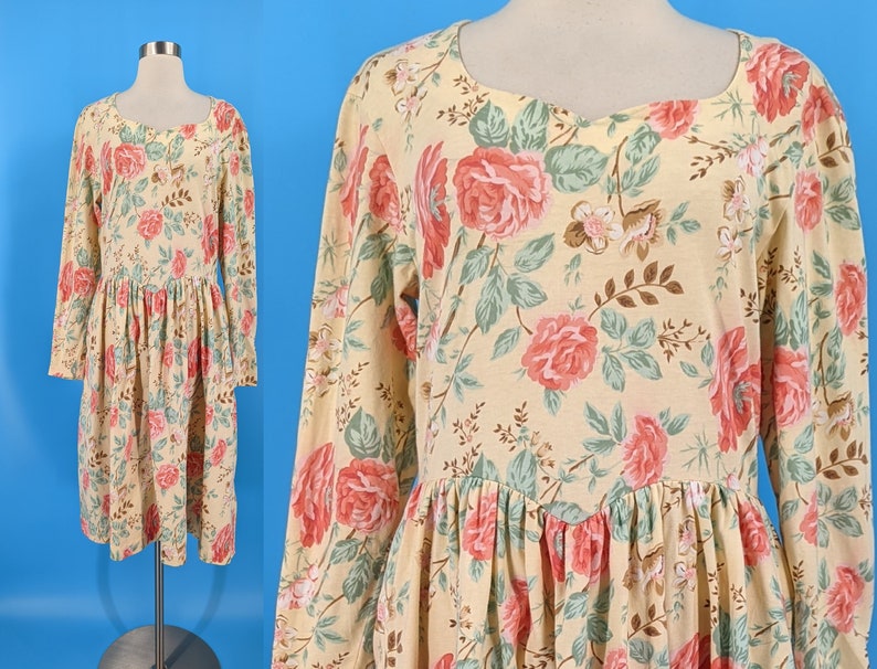 Vintage 90s Talbots Large Cotton Yellow Rose Print Long Sleeve Dress image 1