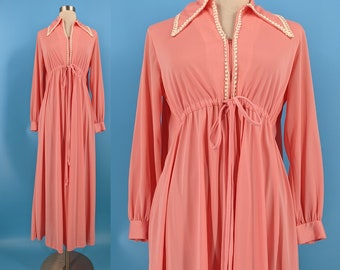 Seventies Pink Loungees Zip Front Robe Dress - 70s Small Long Sleeve Hostess Dress