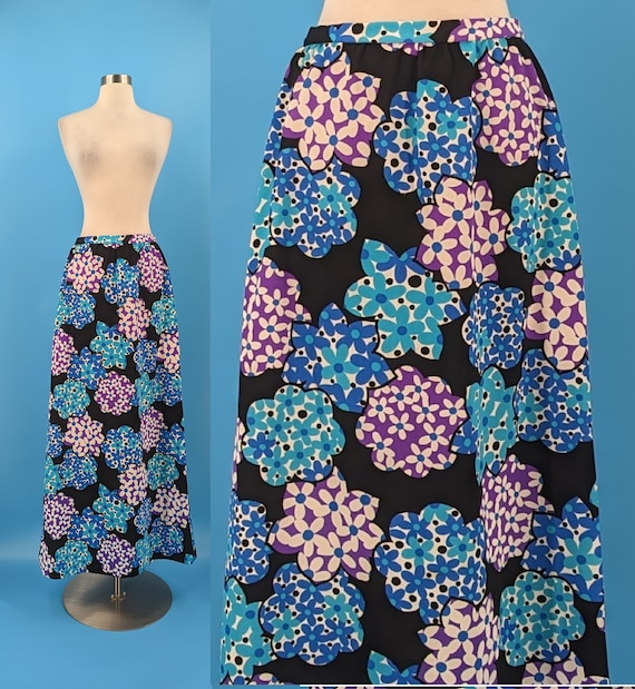 70s XS Floral Print Maxi Skirt - Seventies Polyest