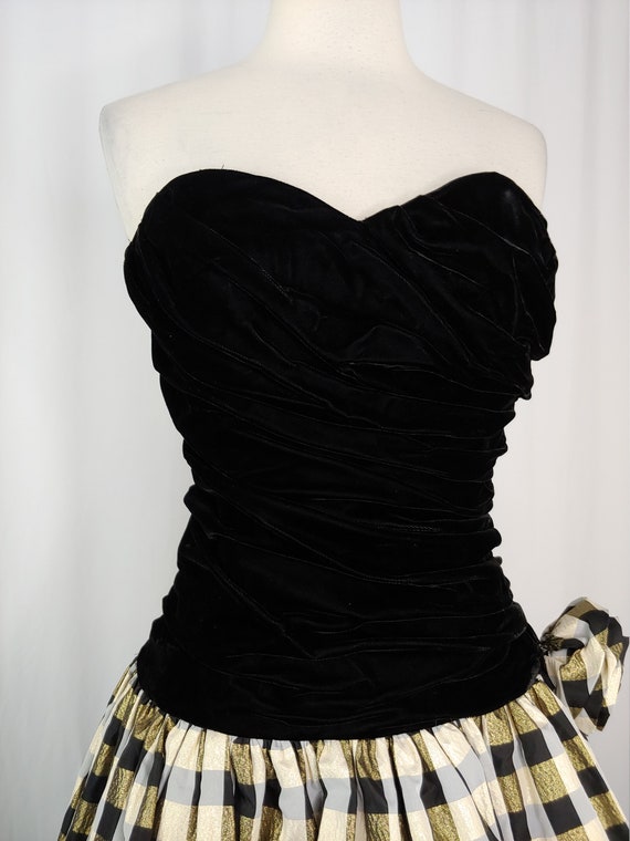 Vintage 90s XS Black Velvet Strapless Gold Plaid … - image 2