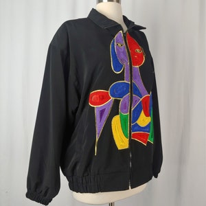 Vintage Eighties Picasso Jacket 80s Black Women's Large Mighty Soutache Colorful Picasso Woman Zip Up Jacket image 8