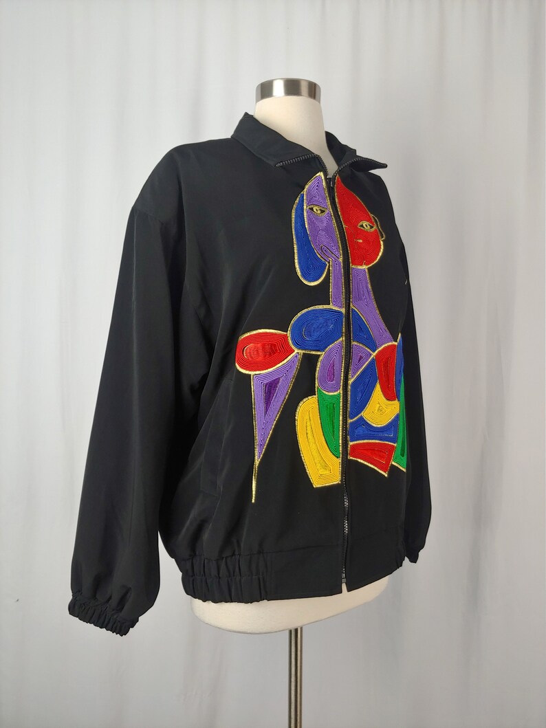 Vintage Eighties Picasso Jacket 80s Black Women's Large Mighty Soutache Colorful Picasso Woman Zip Up Jacket image 8