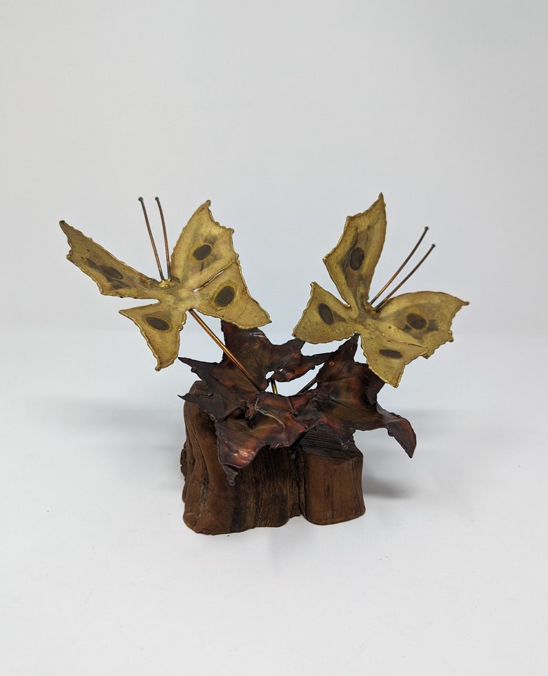 Vintage Seventies Torch Cut Brass Copper Wood Butterfly Fallen Leaves Brutalist 70s Small Sculpture image 1
