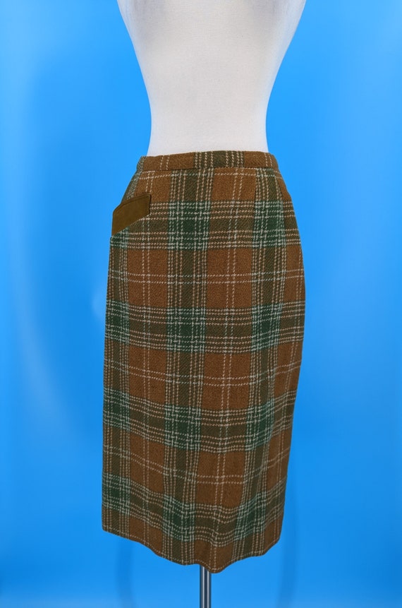 Vintage 50s XS Brown and Green Wool Plaid Pencil … - image 3