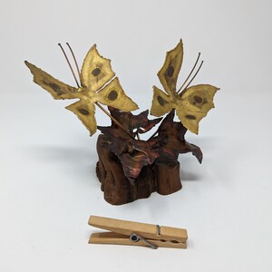 Vintage Seventies Torch Cut Brass Copper Wood Butterfly Fallen Leaves Brutalist 70s Small Sculpture image 9