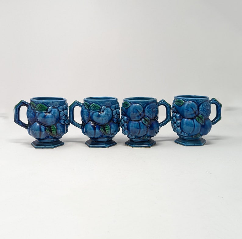 Vintage 60s Inarco Japan Blue Fruit Bowl Set of Four Mugs image 2