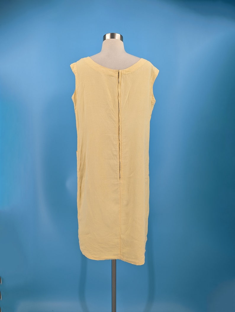 Vintage 60s Yellow Linen Large Sleeveless Embroidered Shift Dress with Pockets image 4