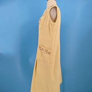 Vintage 60s Yellow Linen Large Sleeveless Embroidered Shift Dress with Pockets image 3