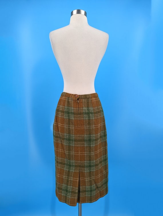 Vintage 50s XS Brown and Green Wool Plaid Pencil … - image 5