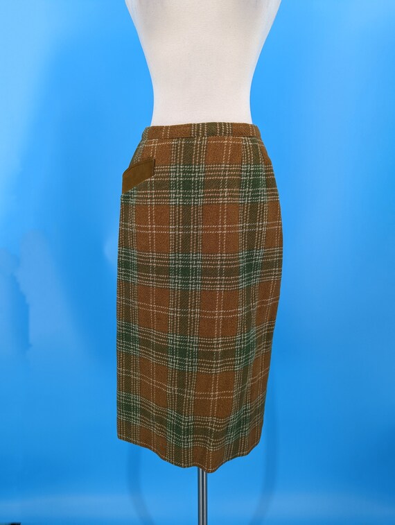 Vintage 50s XS Brown and Green Wool Plaid Pencil … - image 2