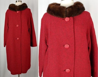 Vintage Sixties Red Winter Coat with Fur Collar - Large 60s Button Front Long Coat