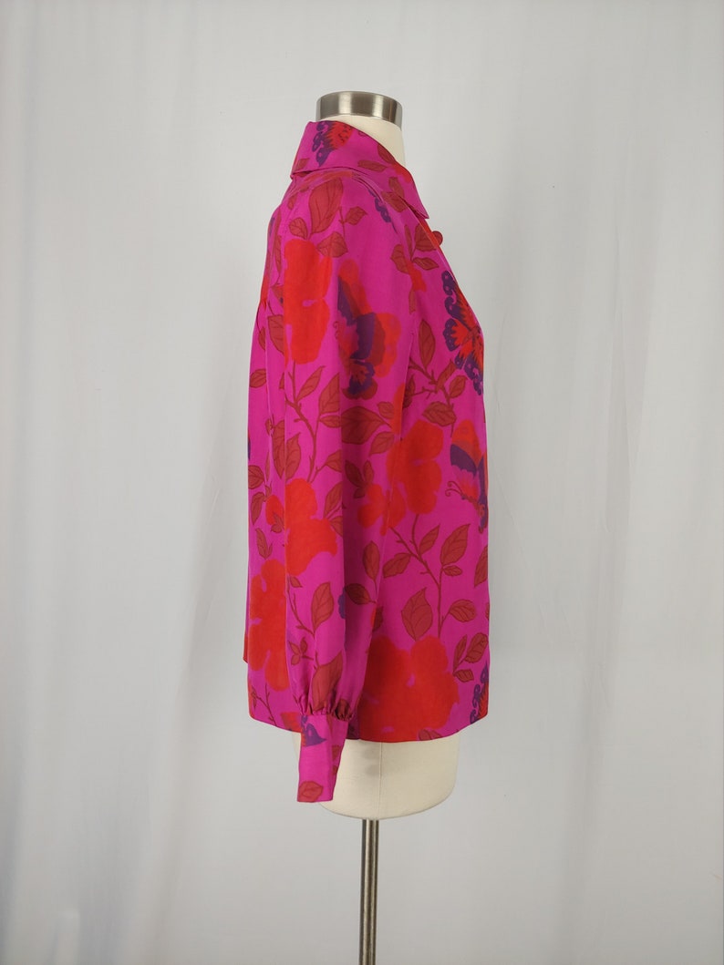 Vintage Seventies Blouse 1970s Butterfly Print Button Front Top 70s Raw Silk Blouse Medium