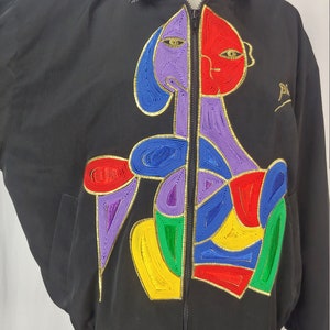 Vintage Eighties Picasso Jacket 80s Black Women's Large Mighty Soutache Colorful Picasso Woman Zip Up Jacket image 3