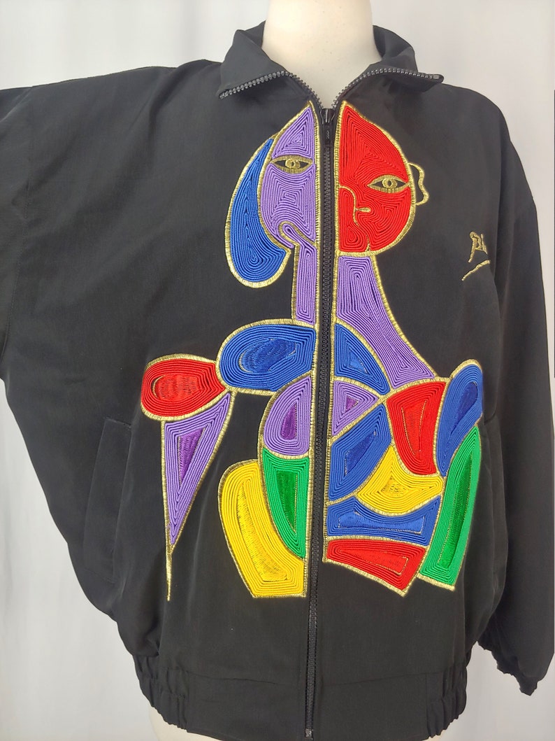 Vintage Eighties Picasso Jacket 80s Black Women's Large Mighty Soutache Colorful Picasso Woman Zip Up Jacket image 3