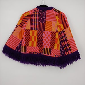 Vintage Seventies Girl's Colorful Button Up Fringe Poncho 70s Kids Acrylic Knit Patchwork Cape image 3