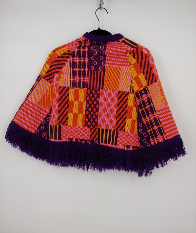 Vintage Seventies Girl's Colorful Button Up Fringe Poncho 70s Kids Acrylic Knit Patchwork Cape image 3