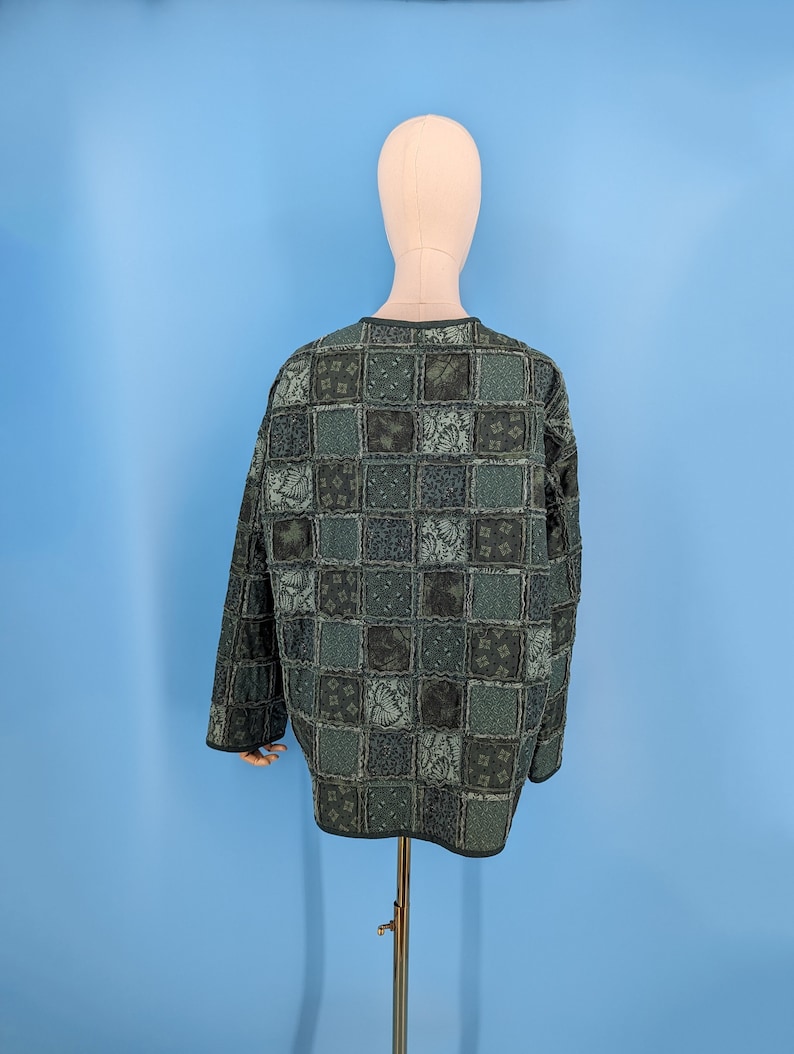 Vintage Handmade Green Quilted Patchwork Jacket Large / XL Reverse Seem Patchwork Coat image 6