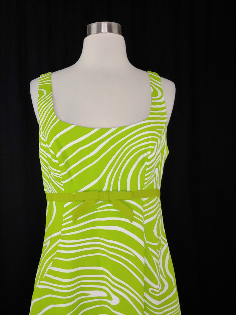 Vintage Y2K Geary Roark Kamisato Mod Revival Neon Green Swirl Dress 2000 Size 10 Sleeveless Shift Mini Dress image 2