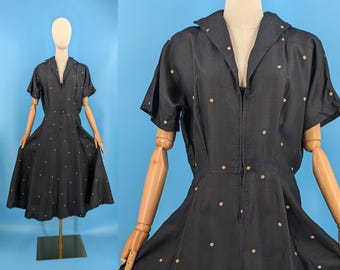 Vintage 40s Polka Dot Silk Short Sleeve Zip Front Dress - Medium Forties Fit & Flare Shirt Dress