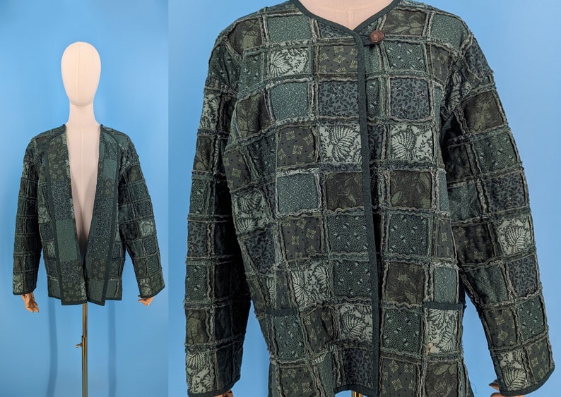 Vintage Handmade Green Quilted Patchwork Jacket Large / XL Reverse Seem Patchwork Coat image 1