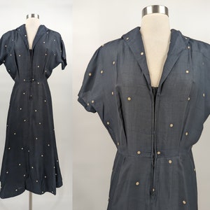 Vintage 40s Polka Dot Silk Short Sleeve Zip Front Dress Medium Forties Fit & Flare Shirt Dress image 1