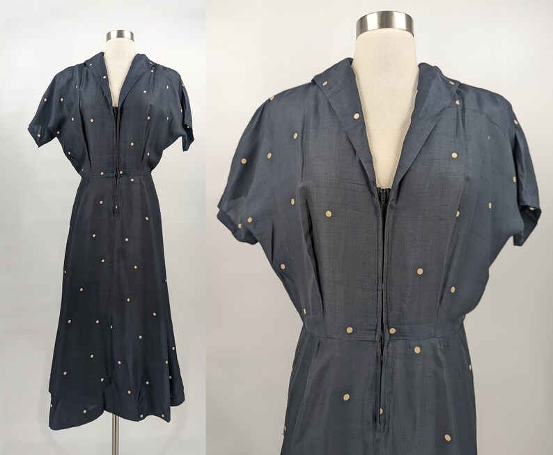 Vintage 40s Polka Dot Silk Short Sleeve Zip Front Dress Medium Forties Fit & Flare Shirt Dress image 1