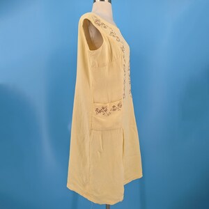 Vintage 60s Yellow Linen Large Sleeveless Embroidered Shift Dress with Pockets image 5