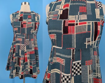 Vintage Sixties Mod XS Print Mini Dress -  1960s Geometric Mondrian Sleeveless Micro Mini Dress