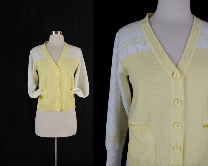 Vintage Seventies Yellow and White Cardigan Sweater 70s Acrylic Knit Small Women's Button Front Cardigan image 1