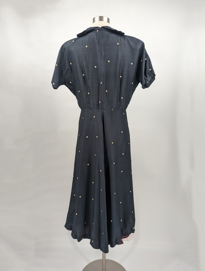 Vintage 40s Polka Dot Silk Short Sleeve Zip Front Dress Medium Forties Fit & Flare Shirt Dress image 4