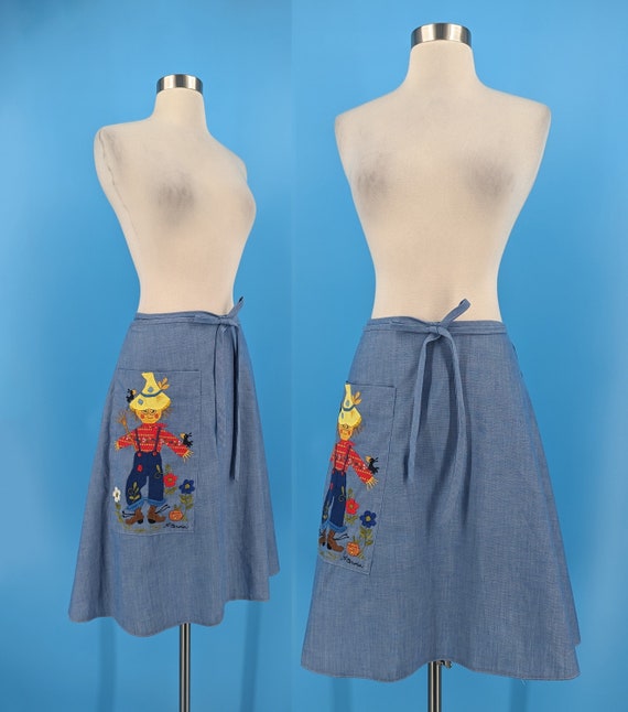 Vintage 70s Small Chambray Wrap Skirt with Scarec… - image 1