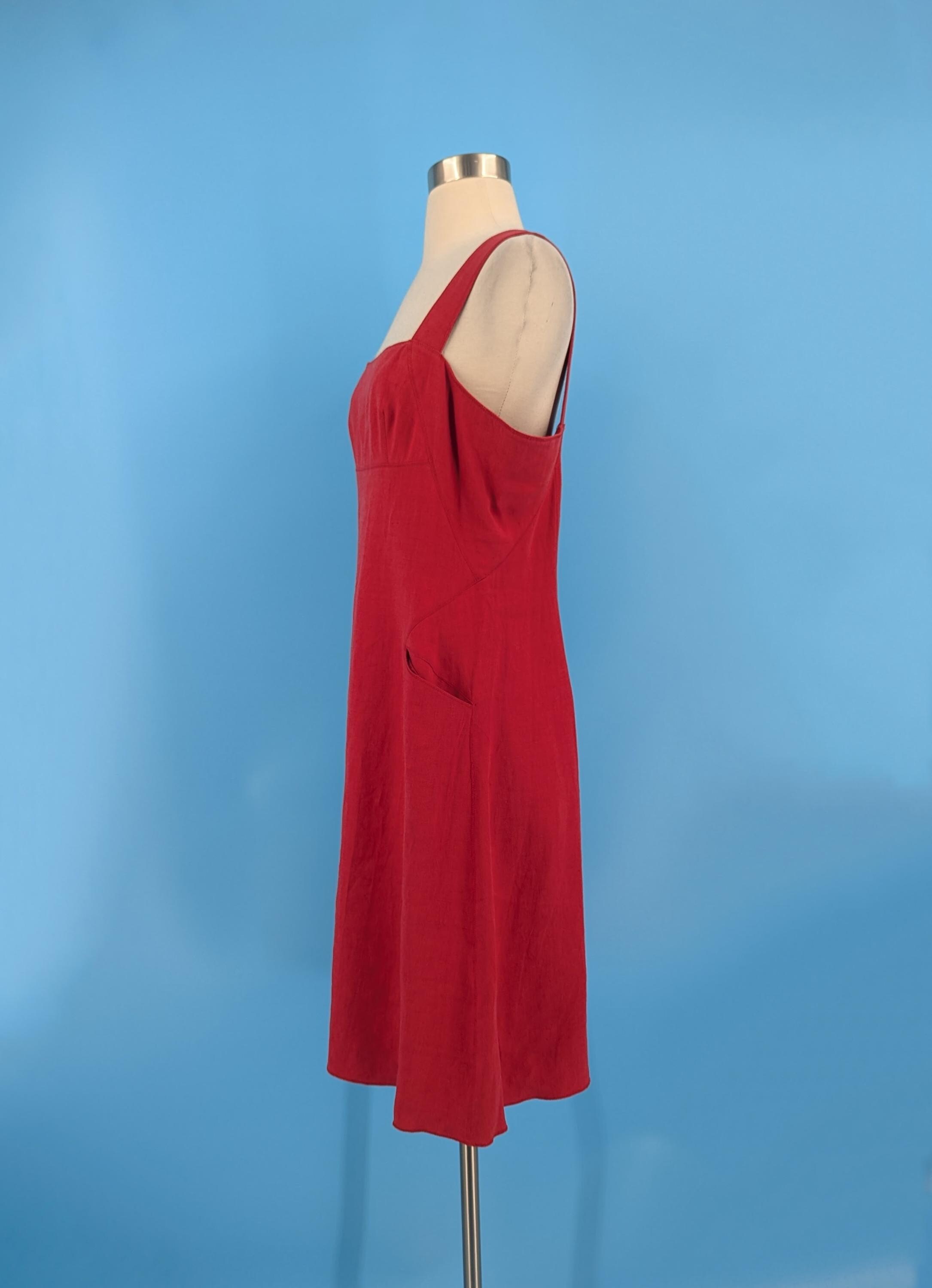 Vintage 90s Magaschoni Collection 10 Medium Red Linen Square Neckline Empire Waist Dress