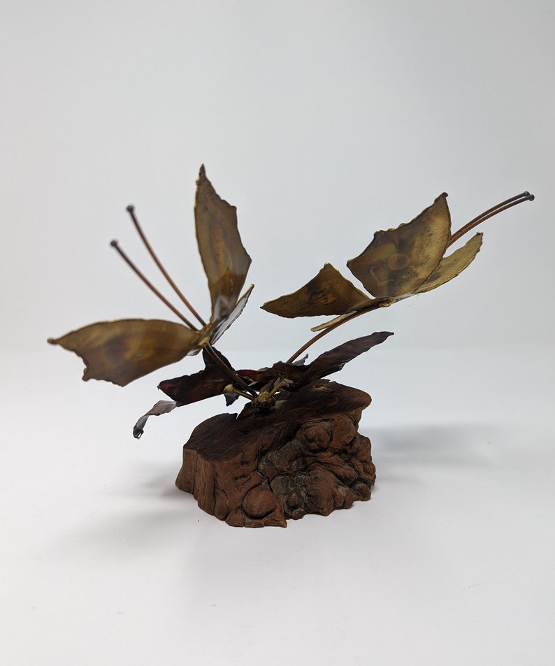 Vintage Seventies Torch Cut Brass Copper Wood Butterfly Fallen Leaves Brutalist 70s Small Sculpture image 5